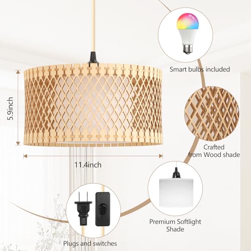 ZSLAIFU Hanging Lamp Plug in Pendant Light, 15FT Hanging Lights with Plug in Cord, Hanging Light with Bulb and Remote, Wood Shade Hanging Lamps for Bedroom, Living Room, Kitchen, Farmhouse - color: Wood - White Shade
