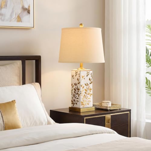 24.25" Mid Century Modern Lamp Set of 2, Vintage Farmhouse Chinoiserie Ceramic Table Lamps, Reflective Gold Leaf Pattern Bedside Lamps for Bedroom Living Room Nightstand, White & Gold - style: Reflective Gold Leaf