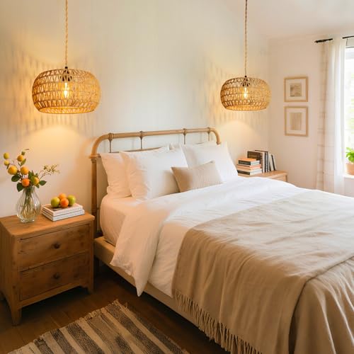 Hanging Light Ceiling Lamp Pendant Lights Rattan Hanging Lamp with Plug in Cord for Living Room Bedroom Kitchen Indoor Hanging Lamp Plug in Woven Lampshade - size: 12.6 Inch - Cylindrical Shade