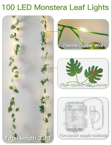 suddus Vines with Fairy Lights Battery & USB Powered Operated, 33ft 100 LED Monstera Leaves String Lights with Remote, Artificial Plants for Indoor, Bedroom, Wall, Party Tropical Decor(Warm White) - color: Monstera, size: 100 LED-Battery-Copper