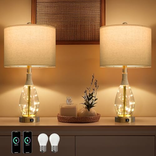 OYEARS 23" Table Lamps for Living Room Set of 2 Bedside Lamps for Night Stands Bedroom Lamps Farmhouse Rattan Boho Lamp Glass Nightlight End Table Lamp with USB C+A (Gold),Two Light Points - color: Light Gold