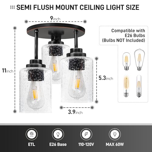 hykolity 3-Light Semi Flush Mount Ceiling Light, 9 Inch Oil Rubbed Bronze Close to Ceiling Light Fixtures with Seeded Glass Shades, Modern Ceiling Lighting for Kitchen, Bedroom, Entryway, ETL Listed - color: Oil-Rubbed Bronze