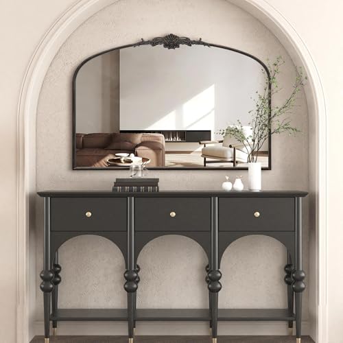 Besdomus Antique Arched Large Mirror: 48"x33" French Oversize Black Arch Antique Wall Mounted Mirror - Baroque Traditional Ornate for Living Room/Fireplace/Bathroom- Home Decor for Interior Designers - color: Black, size: 33"L x 48"W