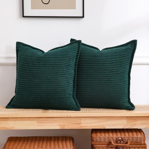 Corduroy Dark Green Throw Pillow Covers Set of 2 Striped Boho Decorative with Edge Design,Super Soft Throw Pillow Cushion Covers for Couch Sofa Living Room Solid Square 18×18inch/45cm×45cm - color: Dark Green, size: 18" x 18" (Pack of 2)