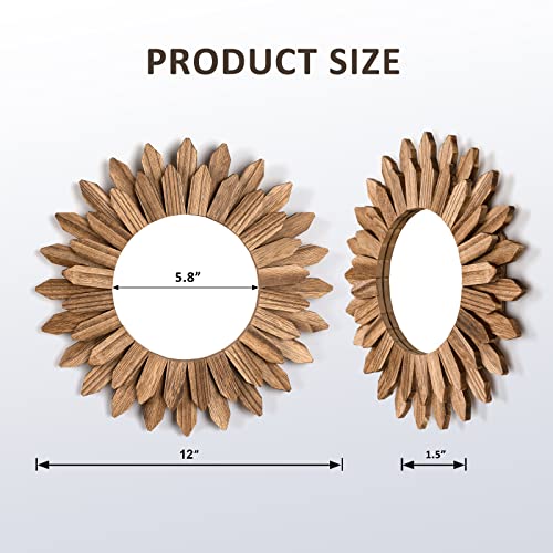 Honiway Wall Mirror Decorative 12 inch Rustic Wood Mirror Sunburst Boho Mirror for Entryway Bedroom Living Room Bathroom House Warming Gifts New Home Essential Carbonized Black - color: Carbonized Black, size: 12 inch (1 pack)