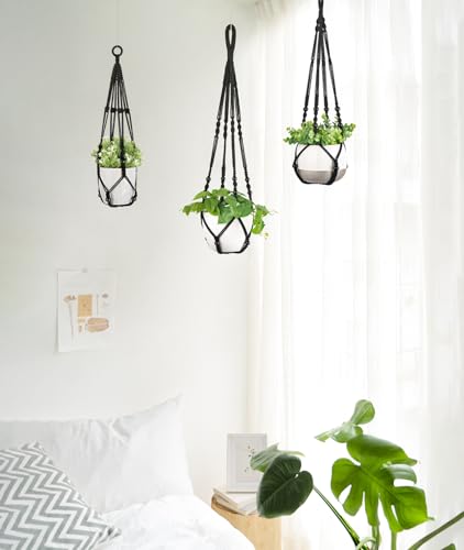 Mkono 3 Pack Macrame Plant Hangers Indoor Different Size Hanging Planter Basket Flower Pot Holder with Beads No Tassels 35"/29"/23", Medium, Black - color: Black, size: Medium