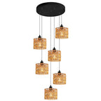 6-Light Coastal Chandelier Hand Woven Wicker Ceiling Lamp E26 Base Black Rustic Adjustable Long Staircase Hanging Lights for Farmhouse Kitchen Island, Boho Rattan Light Fixture - color: 6-Light
