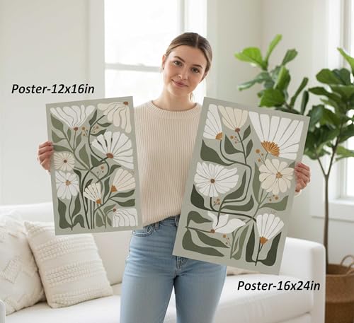 2 Pcs Boho Wildflowers Canvas Wall Art Green Bohemia Abstract Floral Botanical Painting Picture Wall Decor Poster Print Artwork for Living Room Bedroom Bathroom Home Decoration Unframed - color: Poster, size: 16x24in