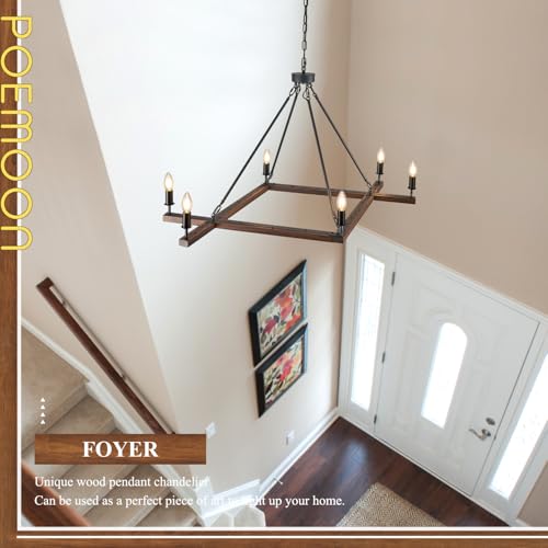 L45'' Rustic Farmhouse Square Wood Chandeliers 6-Light Unique Rectangular Candle Chandelier Long Ceiling Pendant Light for Living Dining Room Foyer Kitchen Bedroom High Ceiling,E12 - color: Walnut, size: 45 inches