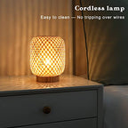LUSHARBOR Rattan Lamp, Cordless Boho Lamp Battery Operated, Table Lamp with LED Bulb, Handmade Bamboo Beside Lamp Small Rattan Lamp, Decorative Battery Lamp for Kids Room Entryway - Grid - style: GRID