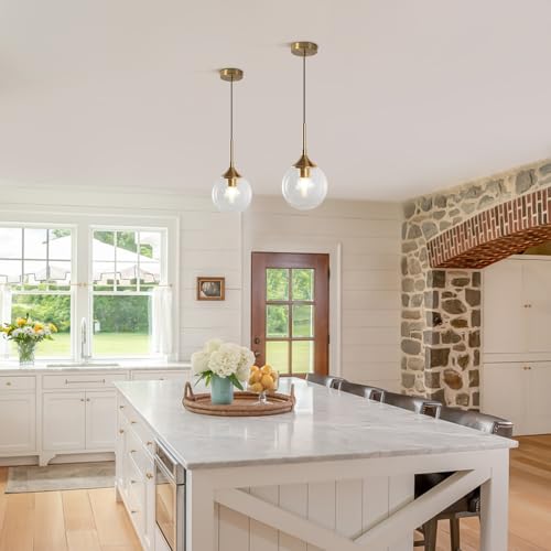 KCO Lighting Brushed Gold Kitchen Pendant Light 7” Modern Clear Glass Globe Pendant Light Brass Dining Room Light Fixture Mid Century Entryway Hanging Light Fixture (2 Pack) - color: Gold+Clear-2PC