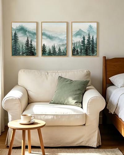 KUVIOKE Fog Pine Tree Mountain Landscape Framed Wall Art Watercolor Nature Misty Forest Painting Vintage Farmhouse Rustic Wall Decor for Bedroom Hallway 11x14in (Natural Framed) - color: Forest and Mouontain, size: 11 x 14in x 3 Panels Natural