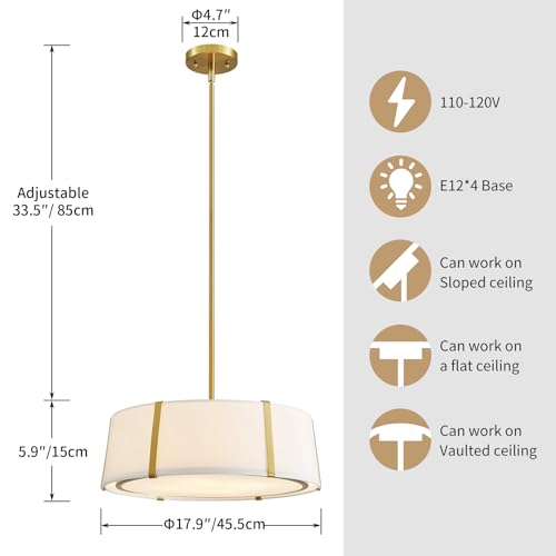 Shrine Lighting Drum Chandeliers, Modern Style, Drum Pendant Light for Living Space, D18'' x H6'', Adjustable Chains 39.4'', E12*4 Sockets, White Lampshade & Brass Finish - color: Brass D18''