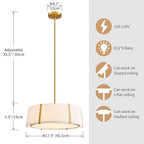 Shrine Lighting Drum Chandeliers, Modern Style, Drum Pendant Light for Living Space, D18'' x H6'', Adjustable Chains 39.4'', E12*4 Sockets, White Lampshade & Brass Finish - color: Brass D18''