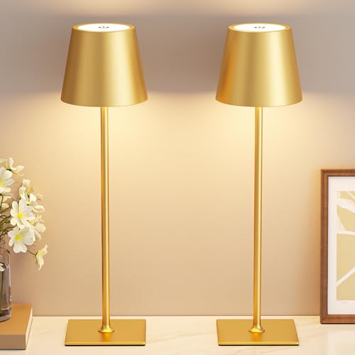 Kakanuo Gold Cordless Rechargeable Table Lamp 5000mAh Battery Operated Lamps, 3 Colors Stepless Dimming Touch Lamp for Living Room, Kitchen Counter, Dining, Outdoor Patio, 2 Pack - color: Gold 1, size: 2 Pack 14in - Up and Down Light