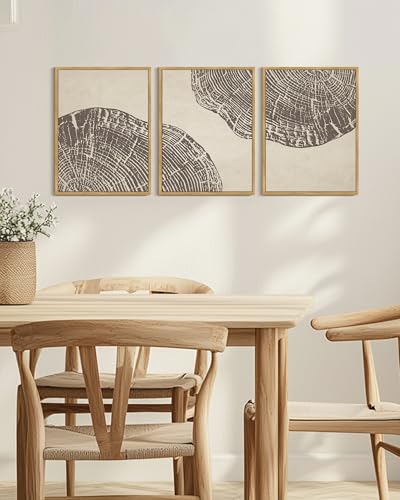 KUVIOKE Framed Tree Rings Wood Wall Art Modern Retro Beige Wood Stump Wall Decor Nature Rustic Art Print for Farmhouse Living Room Bedroom 12x16in (Natural Framed) - color: Wood Stump, size: 12 x 16in x 3 Panels Natural
