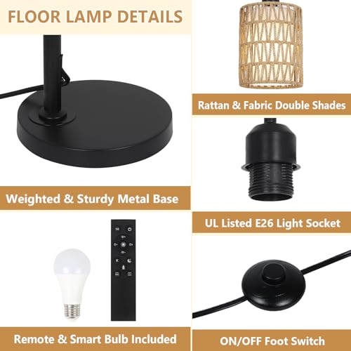 LAMSU Floor Lamp with Remote, Dimmable Rattan Floor Lamp with LED Bulb, Industrial Black Tall Pole Lamp with Rattan & Fabric Shades, Boho Farmhouse Standing Lamps for Living Room Bedroom Office - color: Black