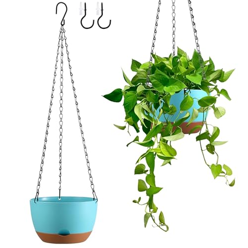Set of 2 Hanging Planters for Indoor Outdoor Plants, 8 Inch Self-Watering Hanging Flower Pots with Drainage Hole & Removable Water-Storage Tray (Hooks) - color: Sky Blue, size: 8 Inch (S)