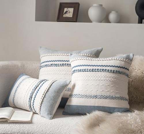 Cethom Boho Throw Pillow Covers 12x20 Inch Set of 2, Blue Textured Decorative Couch Pillow Cases for Farmhouse Home Decor, Accent Cushion Cover for Sofa, Bed, Living Room, Bedroom - color: Blue, size: 20" x 12" (Pack of 2)