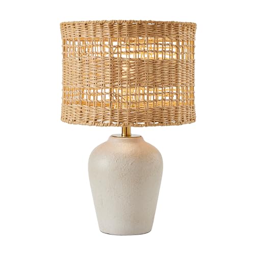 Maxax Farmhouse Ceramic Table Lamp for Living Room, 21" Boho Rattan Bedside Lamp with Woven Rattan Shade, 3-Way Dimmable Coastal Bedroom Lamp for Nightstand Office House - color: Light Gray
