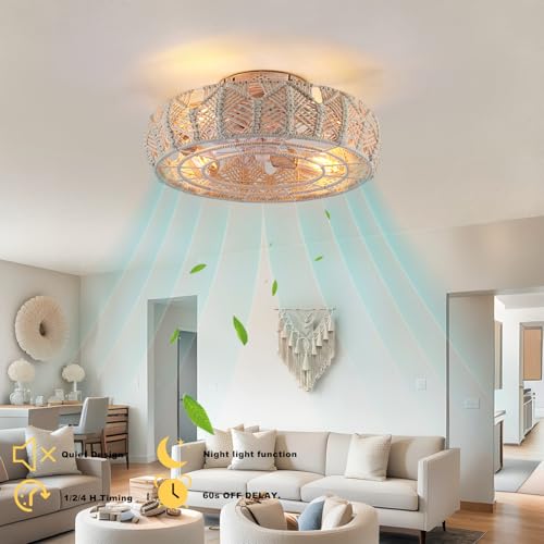 Boho Caged Ceiling Fans with Lights and Remote 20" Flush Mount 6-Speed Reversible Enclosed Low Profile Handmade Cotton Rope Bladeless Ceiling Fan with Light,for Bedroom, Living Room, Kitchen - color: Yellow
