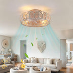 Boho Caged Ceiling Fans with Lights and Remote 20" Flush Mount 6-Speed Reversible Enclosed Low Profile Handmade Cotton Rope Bladeless Ceiling Fan with Light,for Bedroom, Living Room, Kitchen - color: Yellow