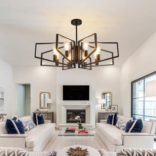 WJShome 8-Light Black Chandelier, Farmhouse Dining Room Light Fixture, Modern Industrial Ceiling Foyer Lighting Fixtures, Geometric Pendant Lights Kitchen Island, for Bedroom,Stairway, Entryway - color: 01-Black