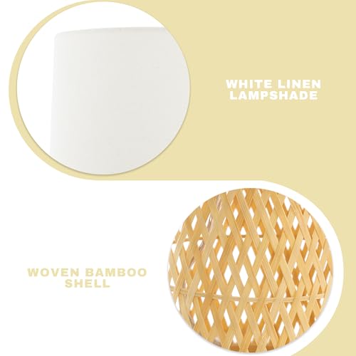 Boho Bamboo Table Lamp, Handwoven Bedside Lamp with Linen Shade, Small Natural Weave Nightstand Light for Living Room, Tea Room, Desk,White - color: White