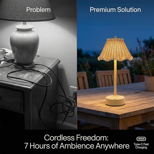 Boho Rattan Shade Table Lamp, Cordless Wicker Woven Vintage Table Lamp, 3 Colors Dimmable with Decorative Design, Ideal for Home Bedroom Living Room Office Decor (White) - color: White