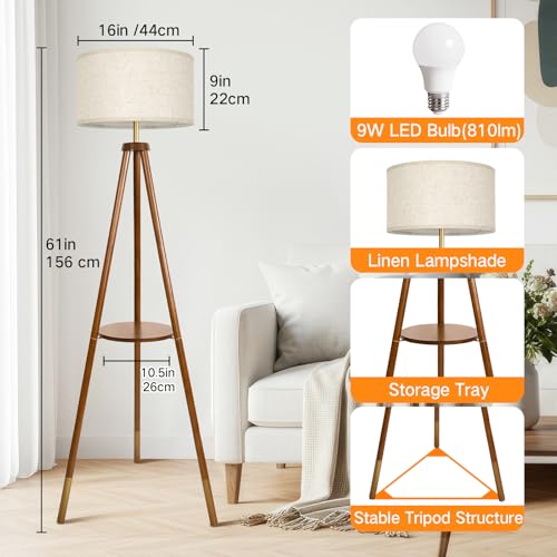 OUTON Wood Tripod Floor Lamp with Shelves, Mid Century Floor Lamp with Remote Control, 4 Color Temperature, LED Modern Dimmable Standing Lamp for Living Room, Bedroom, Office, Walnut & Gold - color: Walnut & Gold
