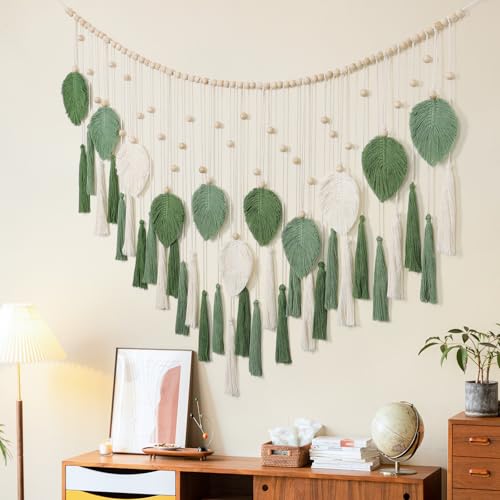 Betylifoy Large Macrame Wall Hanging Boho Handmade Woven Tapestry with Wood Beads Beige Green Chic Leaf Feather Boho Wall Art Decor Macrame Tapestry Wall Decor for Bedroom Living Room Nursery Apartment 51.2"W X 31.5"L - color: Green&Beige