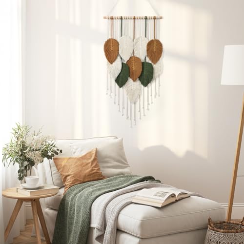 KHOYIME Macrame Wall Hanging Leaves Woven Tapestry, Boho Chic Home Decor Modern Bohemian Handmade Leaf Feather Wall Art Decorations for Apartment Dorm Living Room Bedroom Nursery Backdrop 16.5"x29.5" - color: 16.5"W x 29.5"L