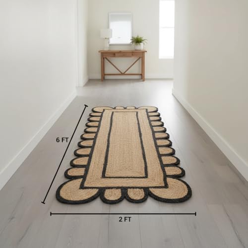 Jute Runner Rug 2x6 ft Handcrafted with Scalloped Black Border – Boho Farmhouse Entryway Kitchen Hallway Runner Rug, Natural Fiber Woven Floor Carpet for Living Room Bedroom - size: 2' x 6' (Rectangular)