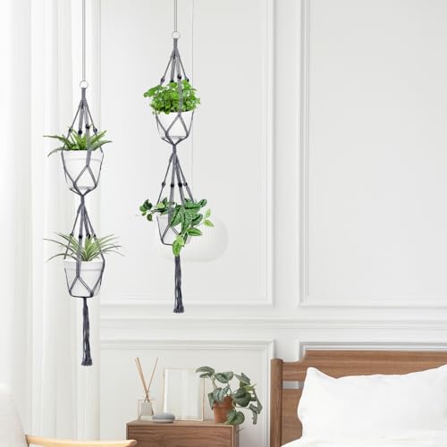 Belit 2 Pack Double Macrame Plant Hangers 2 Tier Hanging Planter Basket Decorative Flower Pot Holder Rope for Indoor Outdoor Home Decor 51 Inch, Grey - color: Gray, size: 51"- 2 Tier
