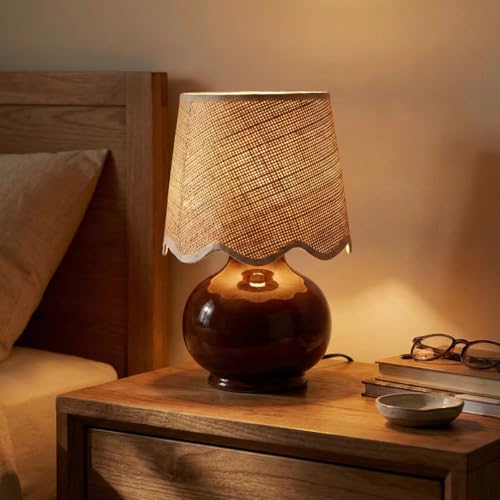 Benton Ceramic Table Lamp with Fabric Shade – 13" Bedside Accent Lamp for Bedroom, Living Room & Nightstand (Brown) - color: Brown