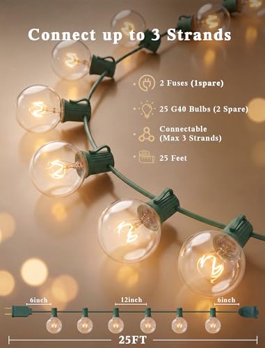 25Ft Christmas Outdoor String Light, G40 Globe Patio Lights with 27 Clear Glass Bulbs(2 Spare), Waterproof Connectable Hanging Christmas Lights for Backyard Porch Balcony Party Xmas Decor, Green Wire - color: 25FT Amber White-Green, size: 25FT