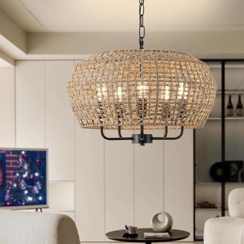 20" Boho Rattan Chandelier for Dining Room,5-Light Hand-Woven Natural Rattan Ceiling Light Fixture with Adjustable Chain,E12 Sockets Dimmable Pendant Light for Kitchen Living Room Hotel(Black) - color: Black 5-Light 20" Round