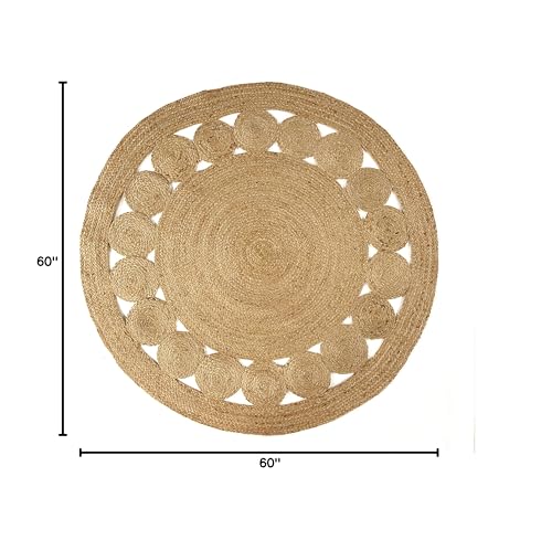 GRUHUM Round Jute Area Rug 5ft Natural Fiber Handmade Boho Charm Farmhouse Soft Braided Reversible Rustic Vintage Rugs for Indoor Ecofriendly Kitchen Bedroom Living Room Hallways Enterways(5'ft Round) - color: Natural- 28, size: 5' (Round)