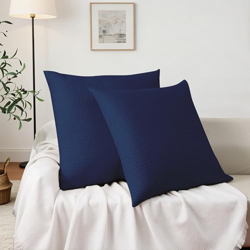 100% Cotton Waffle Weave Throw Pillow Covers Set of 2, 600TC Solid Reverse Side, Hidden Zipper Closure, Skin-Friendly & Durable Decorative Euro Shams for Couch Sofa Bed, Navy Blue, 22"x22" - color: Navy Blue, size: 22" x 22" (Pack of 2)