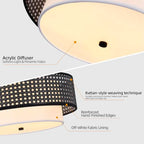 16" Black Rattan Ceiling Light - Bohemian Handwoven Double Drum Pendant, Semi-Flush Mount Light Fixture for Living Room, Bedroom, Dining Room & Kitchen - color: 16'' Rattan&Hemp rope Black