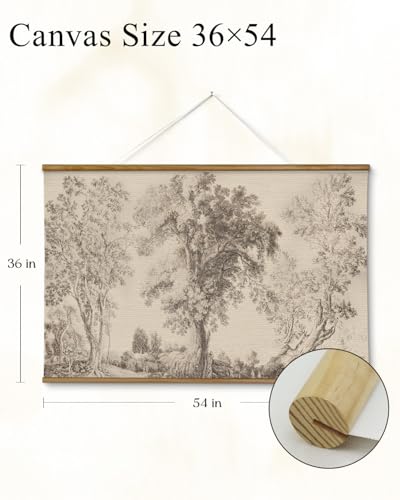 VIYYIEA Extra Large Size Canvas Wall Art, 36x54 Inch Vintage Tree Landscape Hanging Scroll, Oversized Rustic Nature Artwork for Living Room, Bedroom, or Study - color: Three Trees Composition
