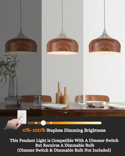 ELYONA Bauhaus Pendant Light Wooden Pattern Dome Pendant Light Fixture Brushed Nickel Metal Modern Adjustable Hanging Lighting for Kitchen Island Dining Room Office Hallway Foyer Bedroom, 12 Inch - color: Brushed Nickel & Wooden