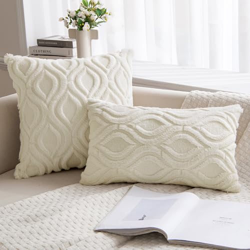 MIULEE Cream White Throw Pillow Covers 18x18 Inch, Soft Winter Plush Faux Wool Couch Pillow Covers Set of 2 Decorative Farmhouse Boho Throw Pillows for Sofa Living Room Bed - color: Cream White, size: 18" x 18" (Pack of 2)