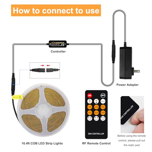 AXMOTUT COB LED Strip Light Warm White, High Bright LED Lights with 2400LEDs, RF Remote and UL Power Supply, 2700K Dimmable LED Rope Lights for Mirror, Bedroom, Kitchen, DIY Home Decoration - color: 2700K, size: 16.4FT