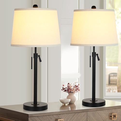 Bedside Table Lamps Set of 2: Tall Black Table Lamps for Living Room End Table | Height Adjustable 3-Way Dimmable Nightstand Lamp with Pull Chain Switch Modern Lamps for Bedroom Office(Bulbs Included) - color: Black+Beige Shade Set of 2