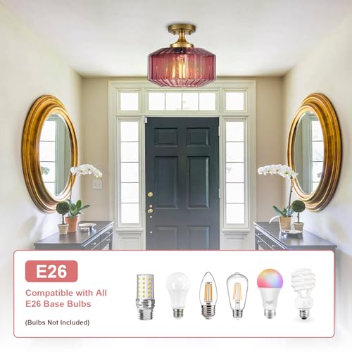 Purple Flush Mount Ceiling Light Fixtures，1-Light Gold Light Fixture with Seeded Purple Glass Shade, 11.02 Inch Industrial Ceiling Lamp for Hallway Foyer Porch - color: Purple