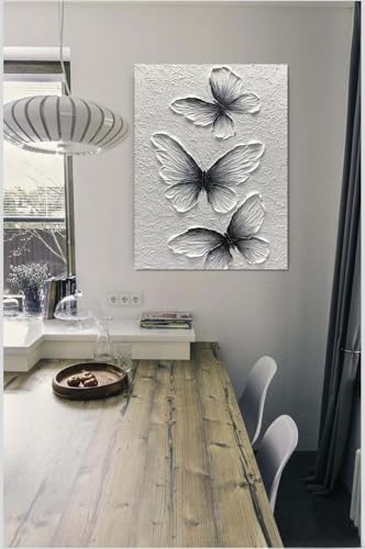 Boiee Art,24x36Inch Handmade Oil Painting Butterfly Wall Art Hand Painted Black and White Canvas Paintings Modern Abstract Home Wall Decorative Art - color: White, size: 24"L x 36"W