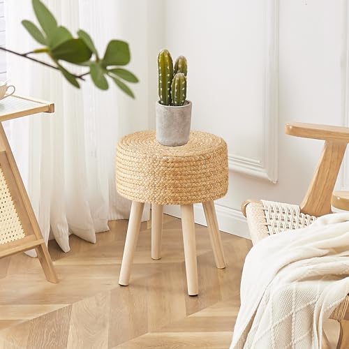 Cpintltr Round Ottoman Footstool Foot Stool Pouf Ottomans with Solid Wood Legs Hand Weave Hyacinth Footrest Step Stool for Living Room Balcony Garden Natural Hyacinth Seagrass - color: Hyacinth Seagrass