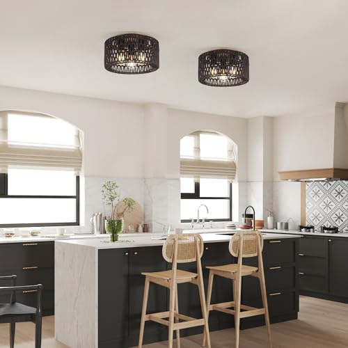 Rattan Ceiling Light Fixture, 3-Light Bohemian Modern Woven Ceiling Light, Black Boho Flush Mount Ceiling Light for Bedroom Living Room Dining Room, Bulb Not Included - color: Black, size: 3-Light-Round