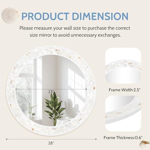 Tanmicoshomy Round Bathroom Mirror 28 Inch,Circle Mosaic Wall Mirrors with Natural Shell Frame, Decorative Coastal Mirrors for Bathroom Bedroom Living Room or Entrayway - color: White, size: 28"L x 28"W